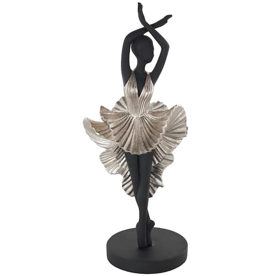 17" Black Polystone Dancer Ballerina Decorative Sculpture with Silver Dress